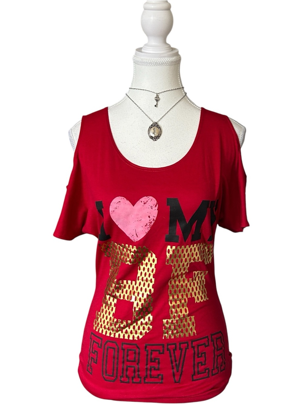 Y2K “SWS” Red “I Love my Boyfriend Forever” Graphic Cold Shoulder Top